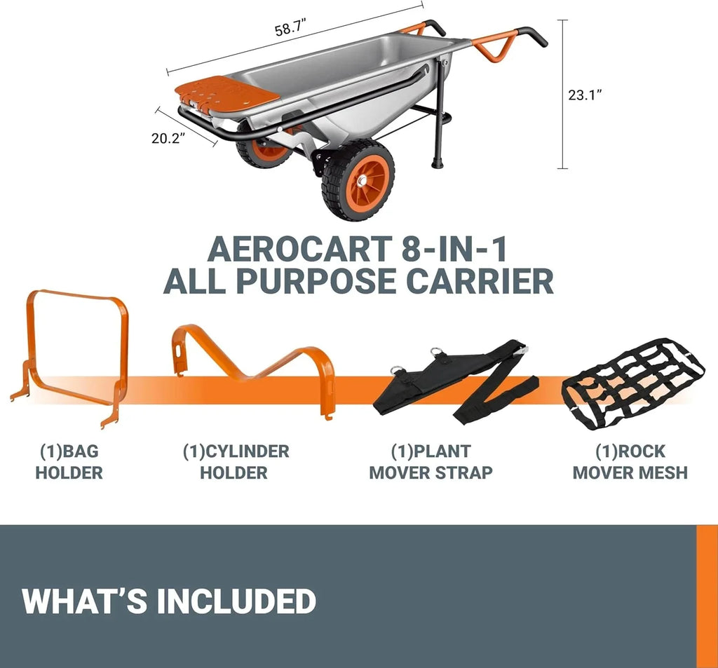 Worx 8-in-1 Aerocart Metal Garden Cart, Wheelbarrow And Dolly, Orange, Black And Silver - WG050