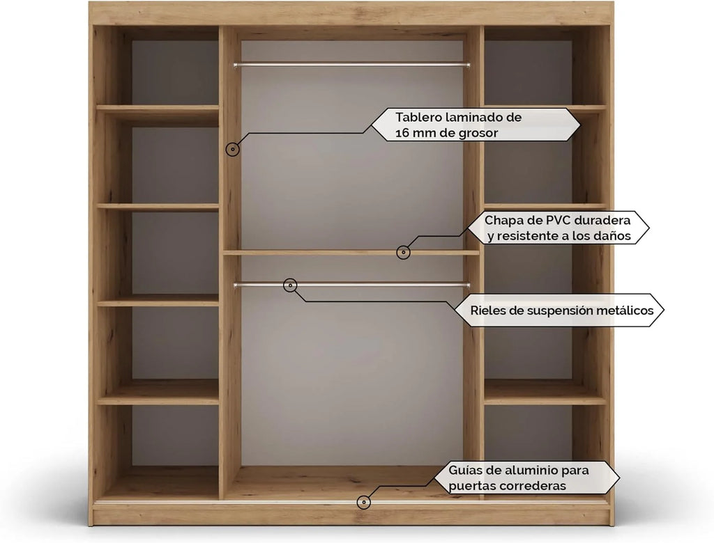 ABIKSMEBLE Bedroom Wardrobe With 3 Sliding Doors, Mirror, Black Matte And Sonoma, 200 x 200 x 62 cm - Verona 4 200