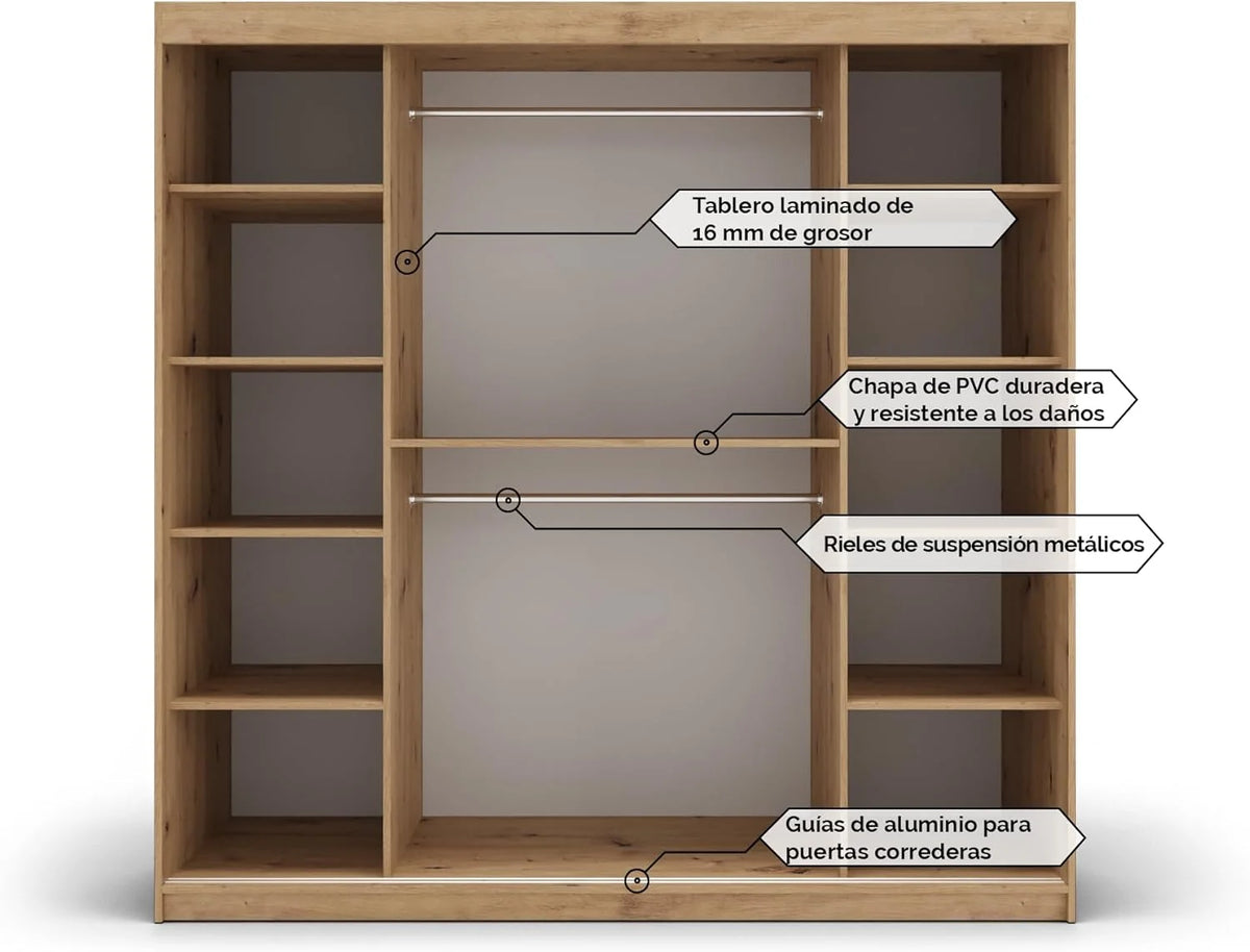 ABIKSMEBLE Bedroom Wardrobe With 3 Sliding Doors, Mirror, Black Matte And Sonoma, 200 x 200 x 62 cm - Verona 4 200