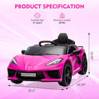12V Kids' Ride-On Car With Remote Control, LED Lights, Music, And Rose Red Color - Licensed Corvette