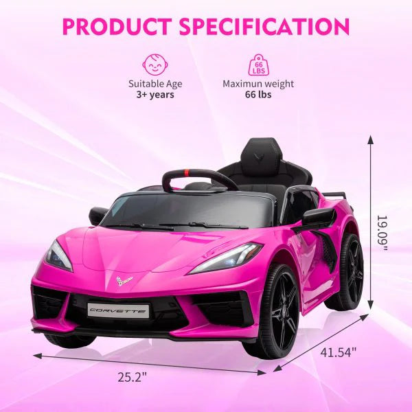 12V Kids' Ride-On Car With Remote Control, LED Lights, Music, And Rose Red Color - Licensed Corvette