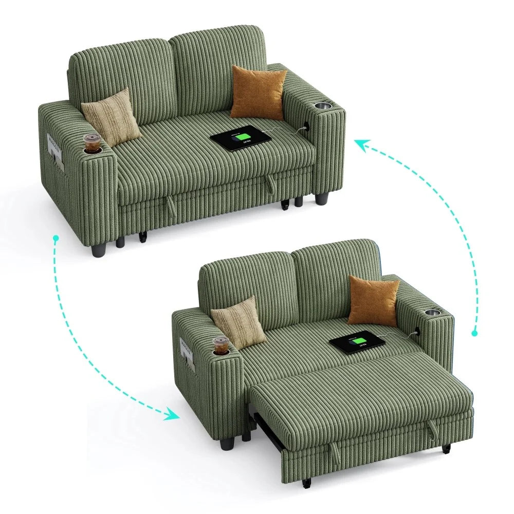 LINSY HOME Pull-Out Chaise Loveseat Sofa, 56 inch, Dark Green - USB and Cup Holders