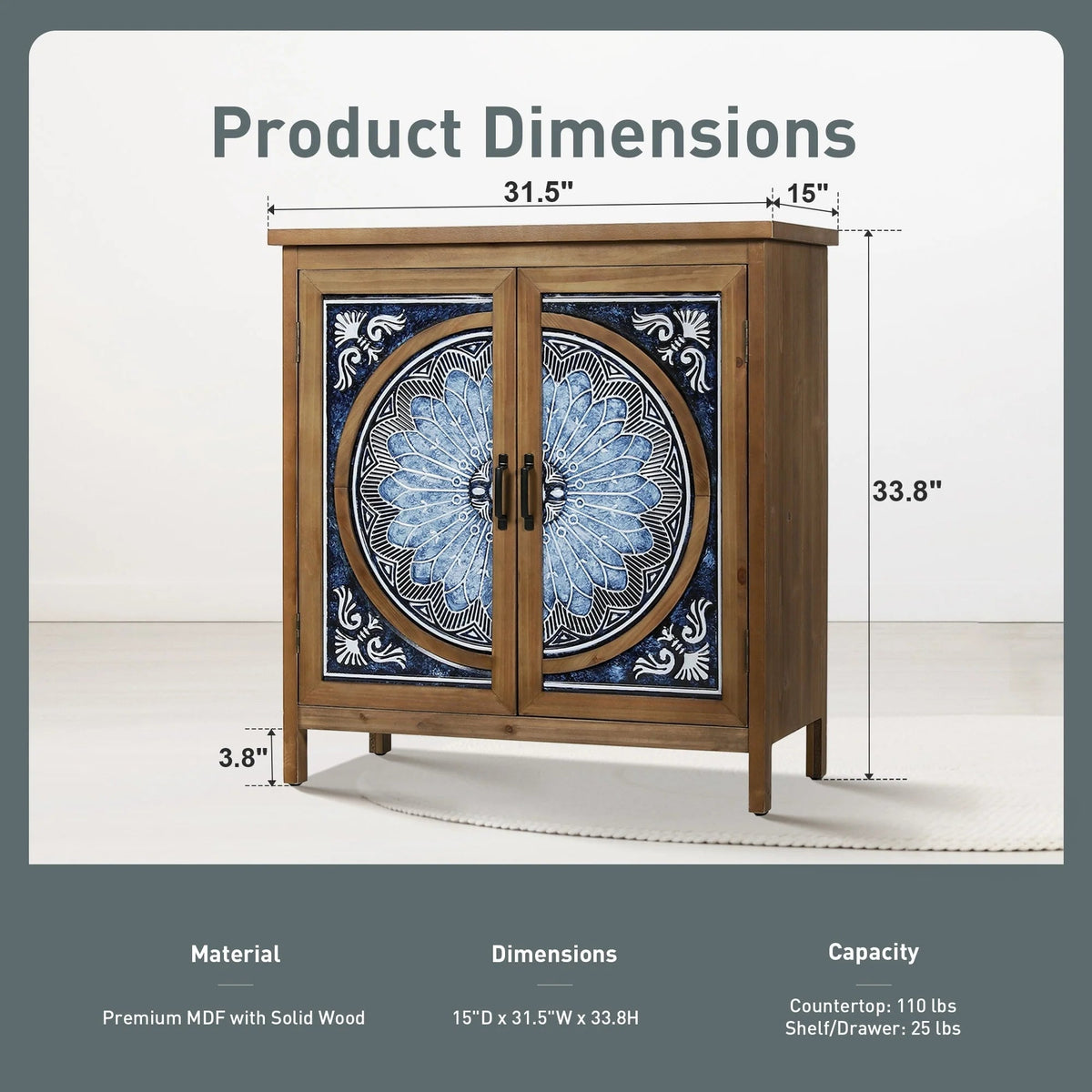 Vintage Storage Accent Cabinet With Drawers, Blue And White, 32 in L x 14.96 in W x 33.66 in H