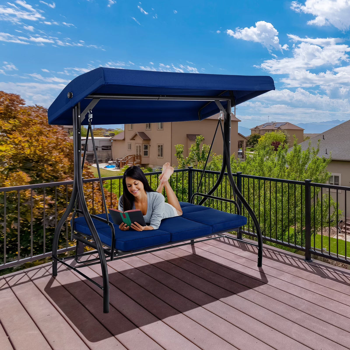 Arlopu 3-Person Outdoor Convertible Porch Swing Glider With Canopy