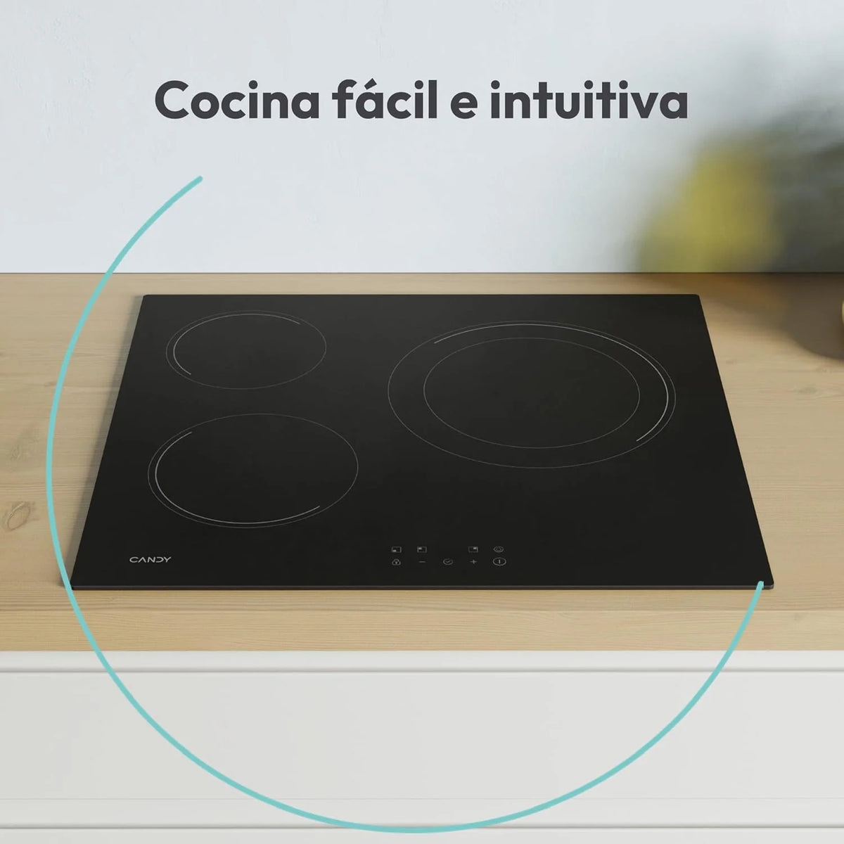 Candy Ceramic Hob 60 cm, 3 Cooking Zones, Double 30 cm Zone, Black - CH63DCC