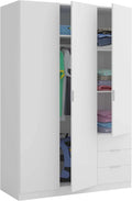 Habitdesign Three-Door Three-Drawer Wardrobe Closet, Artic White, 121 cm W x 180 cm H x 52 cm D