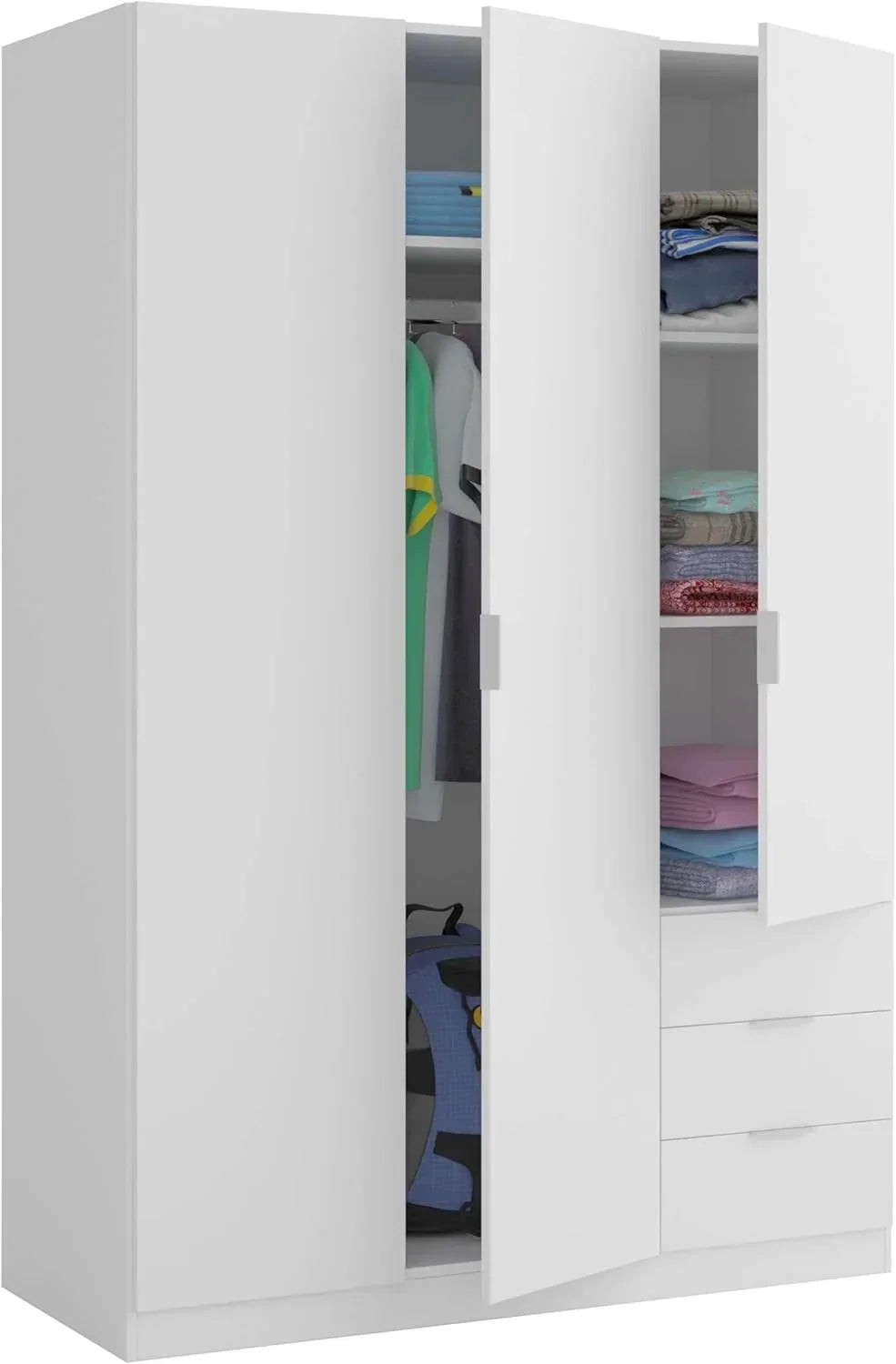 Habitdesign Three-Door Three-Drawer Wardrobe Closet, Artic White, 121 cm W x 180 cm H x 52 cm D