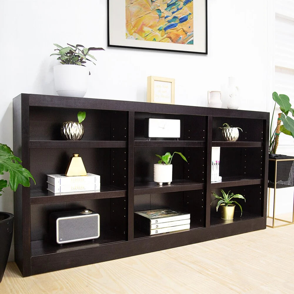 Triple Wide Wood Bookcase, 9 Shelf, 36 Inch Tall, 72 Inch Wide, 10.63 Inch Deep