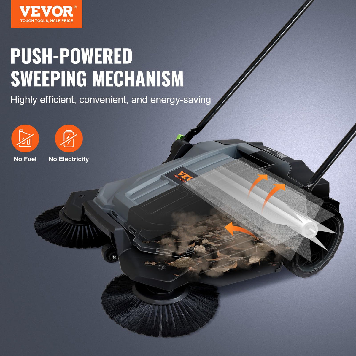 Walk-Behind Hand Push Floor Sweeper, 25.6-Inch Sweeping Path, 5-Gallon Waste Container