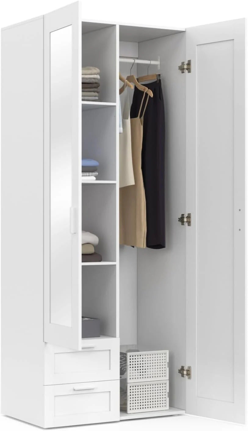 IDMarket VITO 2-Door Wardrobe With 2 Drawers, Mirror And Shelves, White, 80 cm - VITO