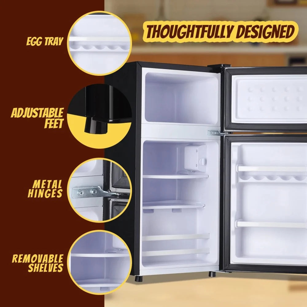 Tacool Compact Refrigerator With Top Freezer, Dual Door, Adjustable Thermostat, Black