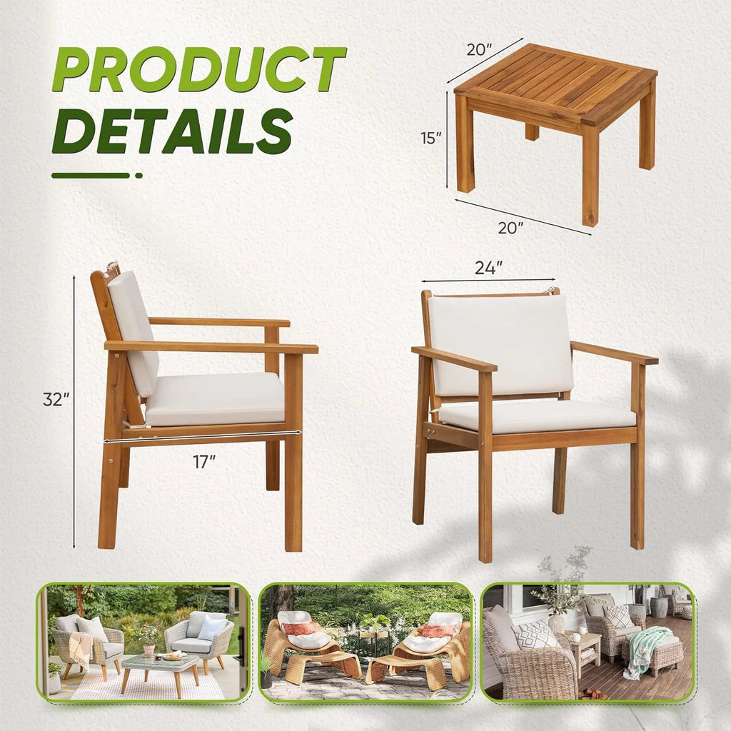 4 Piece Outdoor Acacia Wood Patio Conversation Set With Table And Cushions