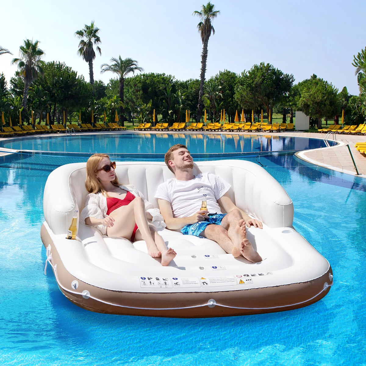 Costway Canopy Inflatable Pool Float Lounge, 71'' x 71'' x 63'' - White Brown Silver