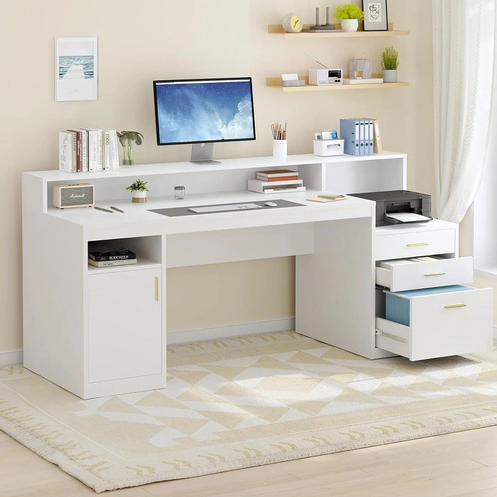 Computer Desk With 3 Drawers, Storage Shelves And Monitor Stand - 21.7in D x 65in W x 35.4in H