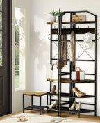 Corner Coat Rack Hall Tree With Shoe Bench, 6 Metal Hooks, Rustic Brown And Black, 17.72in x 17.72in x 72.05in