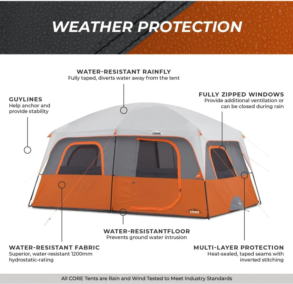 CORE 12 Person Straight Wall Cabin Tent, 16 x 11 Feet, Orange - SUVELAM