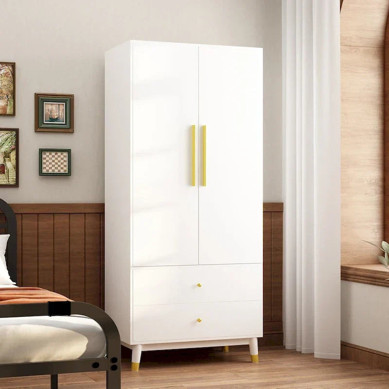 2-Door Wardrobe Closet Armoire With 2 Drawers And Clothes Rail - 70.9H x 31.5W x 19.1D
