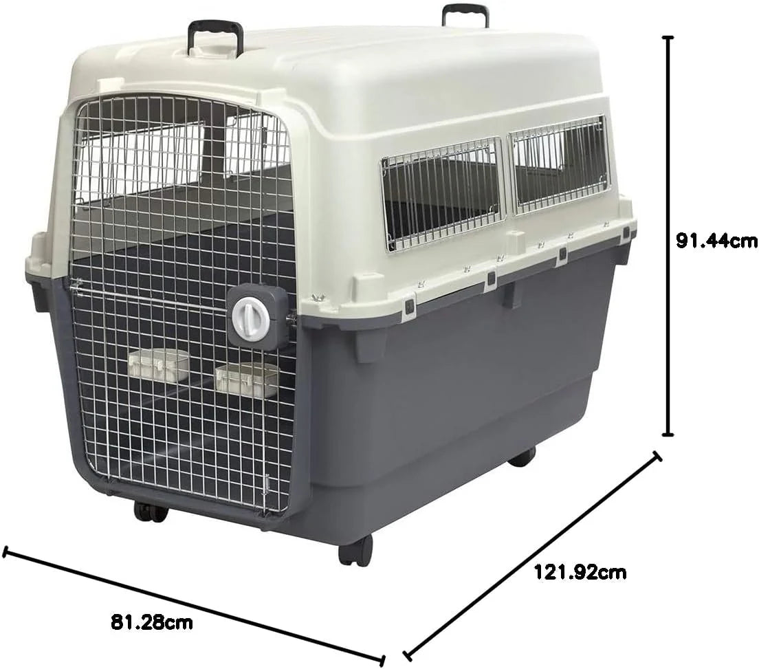 SportPet Designs Plastic Airline Approved Rolling Dog Kennel With Wire Door, XXX-Large, Gray, 48in L x 32in W x 36in H