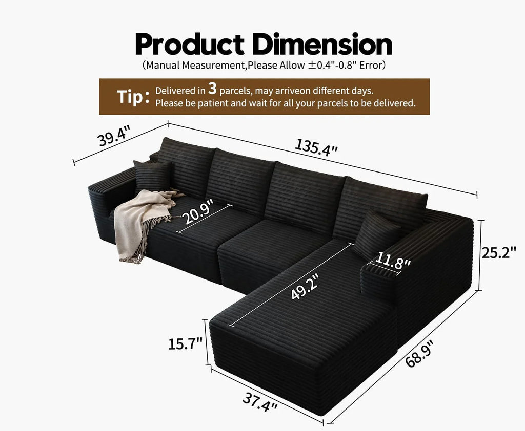 Settab Modular Sectional Sofa, 2 Seater Left-Facing Chaise, Black, 68.9 inch D x 107.5 inch W x 36.3 inch H