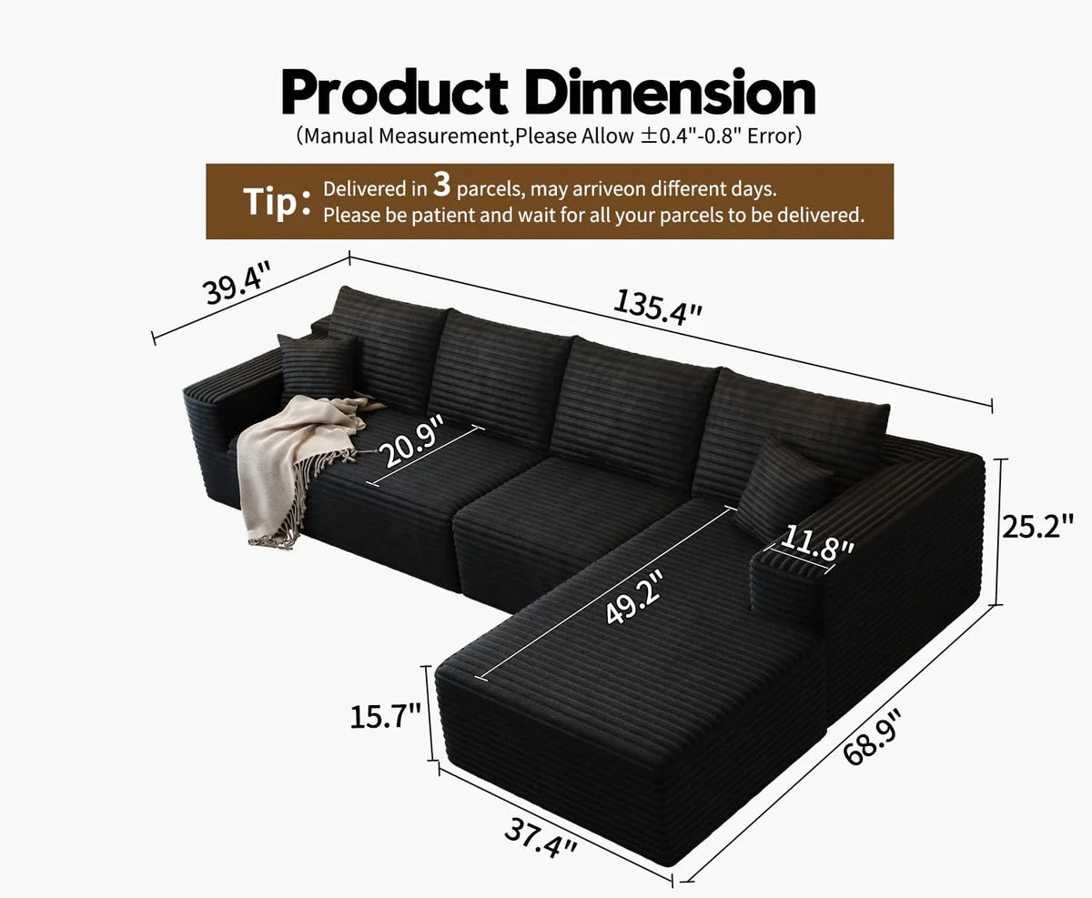 Settab Modular Sectional Sofa, 2 Seater Left-Facing Chaise, Black, 68.9 inch D x 107.5 inch W x 36.3 inch H