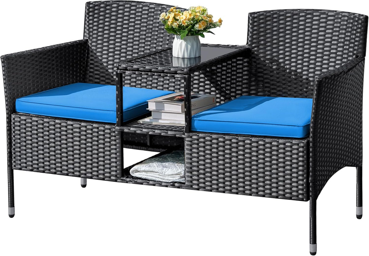 Flamaker Outdoor Wicker Patio Loveseat With Built-In Table And Cushions, Beige - 49.2 x 21.3 x 30.9 in
