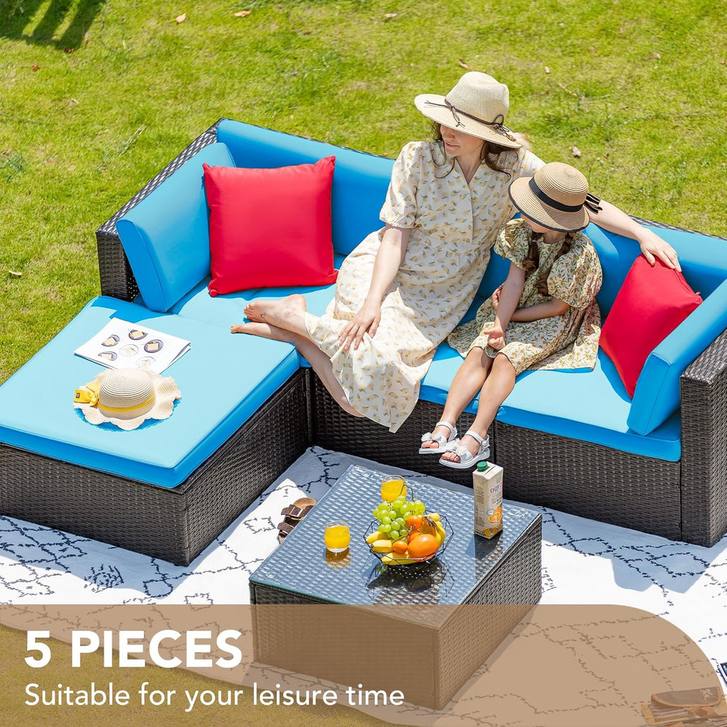 Devoko 5-Piece Outdoor Sectional Patio Sofa Set With Cushions And Glass Table - Beige