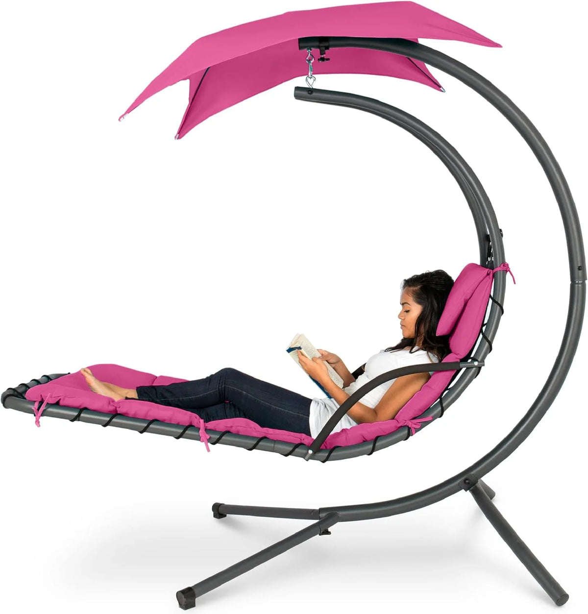 Best Choice Products Outdoor Hanging Steel Chaise Lounge Chair With Canopy, Charcoal Gray - SKY5871