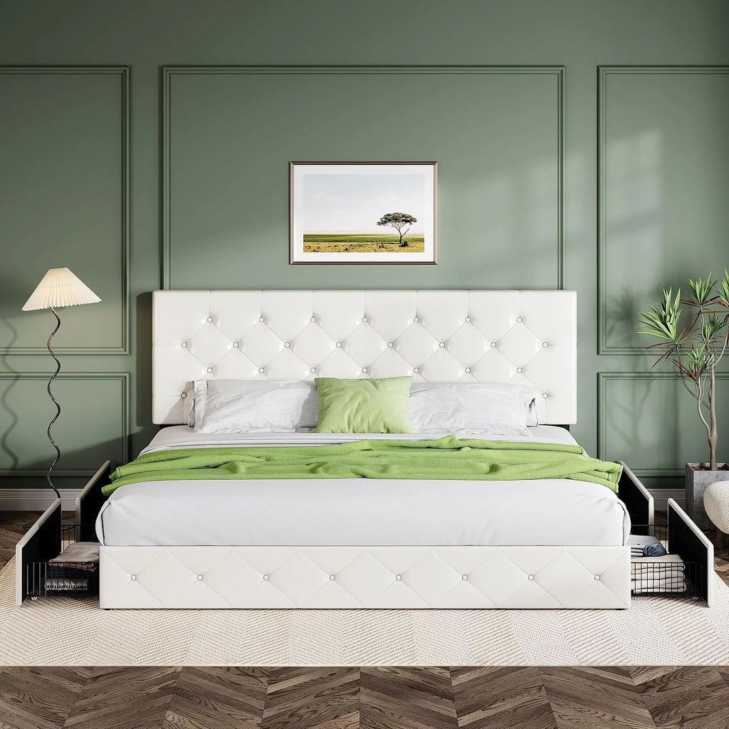 Queen Upholstered Linen Platform Bed Frame With 4 Storage Drawers, Light Grey - 83in L x 62.2in W x 42in H