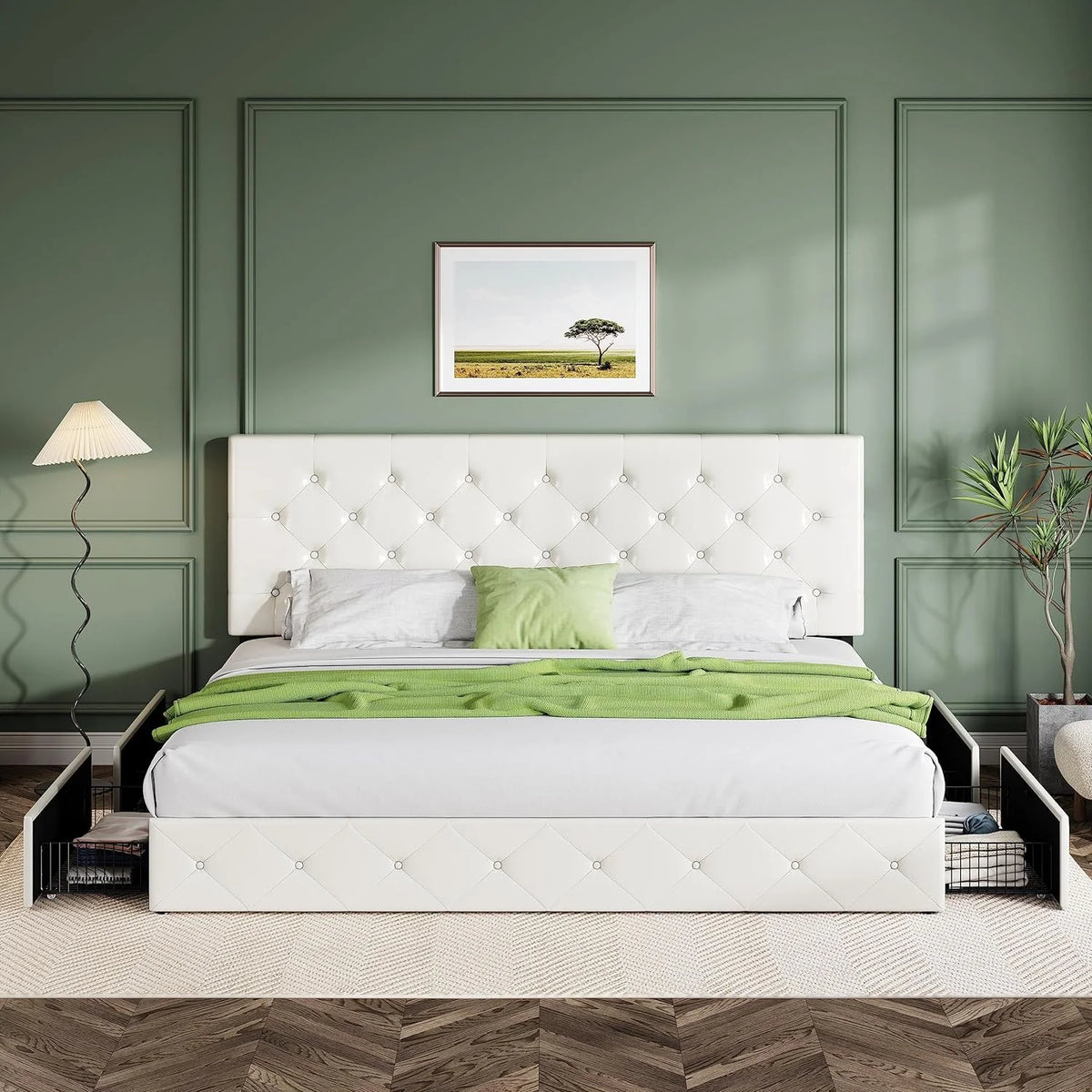 Queen Upholstered Linen Platform Bed Frame With 4 Storage Drawers, Light Grey - 83in L x 62.2in W x 42in H