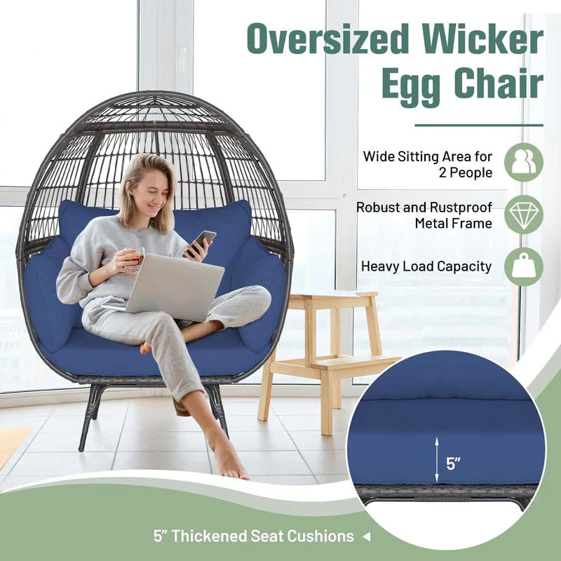 Oversized Wicker Egg Chair With 4 Cushions, 43 x 32.5 x 57 in