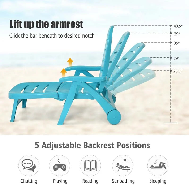 Rolling Folding Plastic Pool Lounge Chair With Armrests, 5 Position - Patio Deck Beach Chair