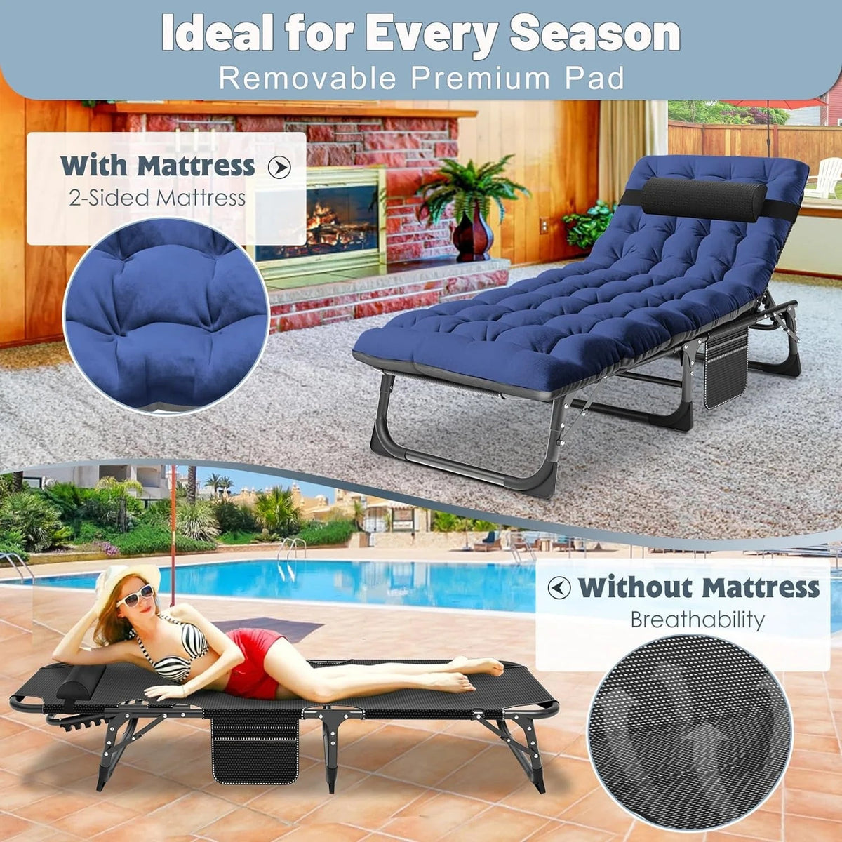 Slsy 5-Position Adjustable Folding Lounge Chair And Cot - 75.2" x 25.6" x 11.8"