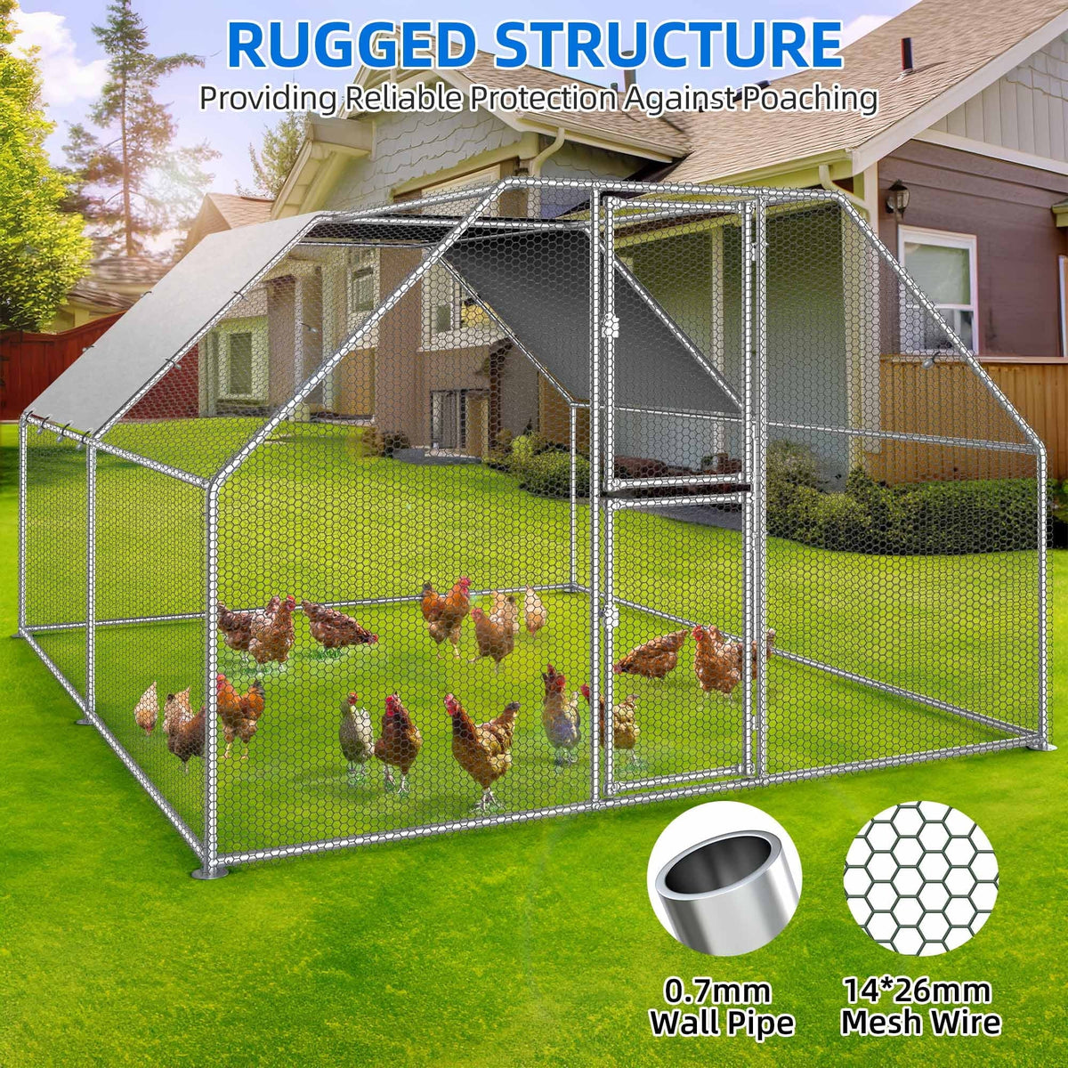 Dextrus Metal Chicken Coop With Waterproof Cover And Wire Mesh, 13.1 x 9.8 x 6.4 ft