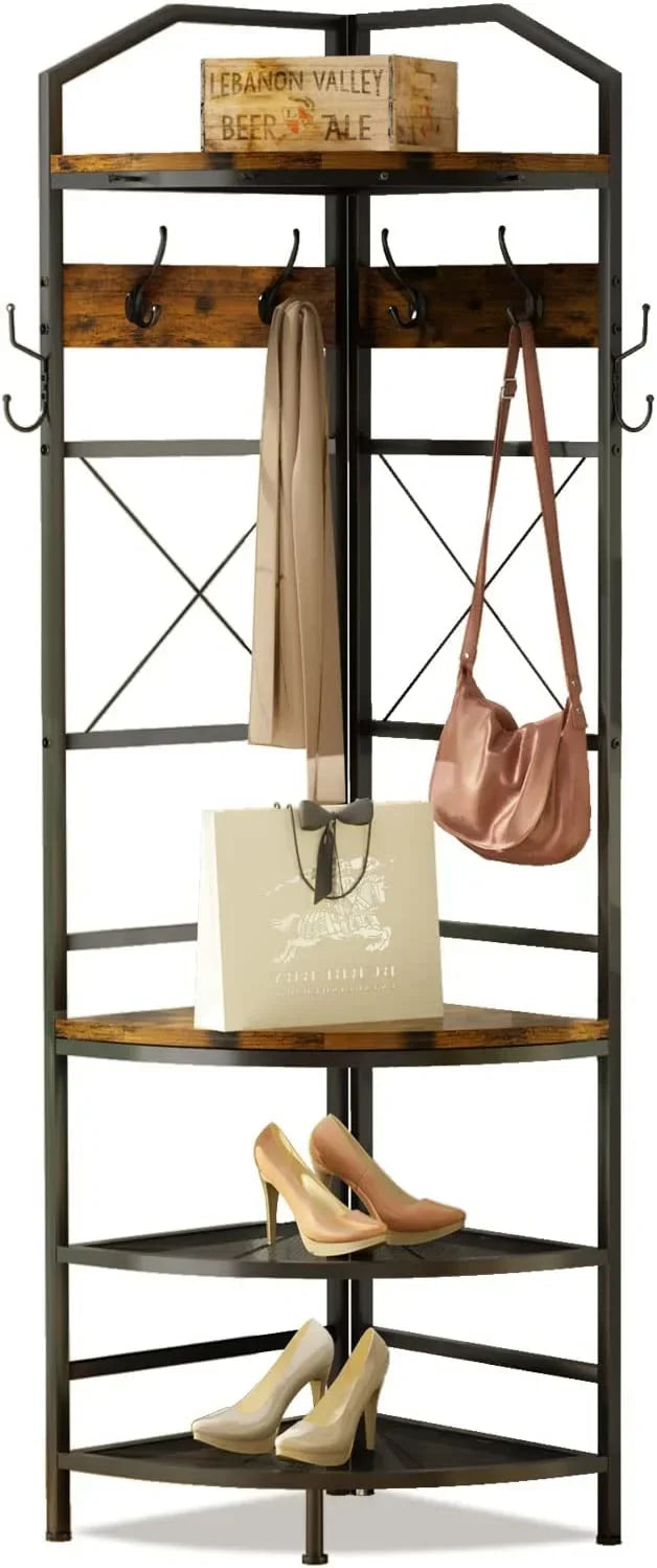 Corner Coat Rack Hall Tree With Shoe Bench, 6 Metal Hooks, Rustic Brown And Black, 17.72in x 17.72in x 72.05in