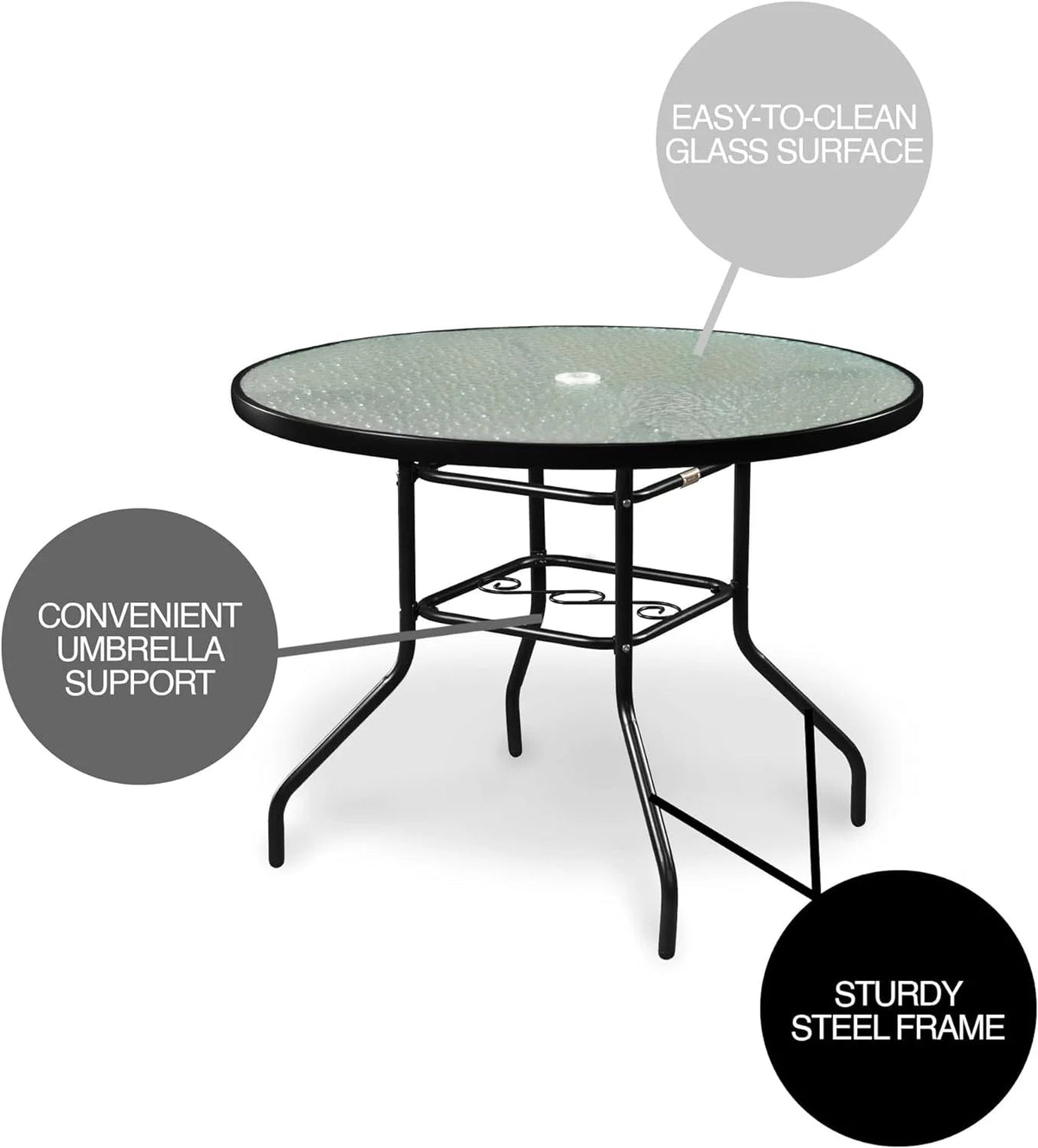 Outdoor Steel Patio Dining Table With Round Waterwave Glass Top, Black, 40 inch