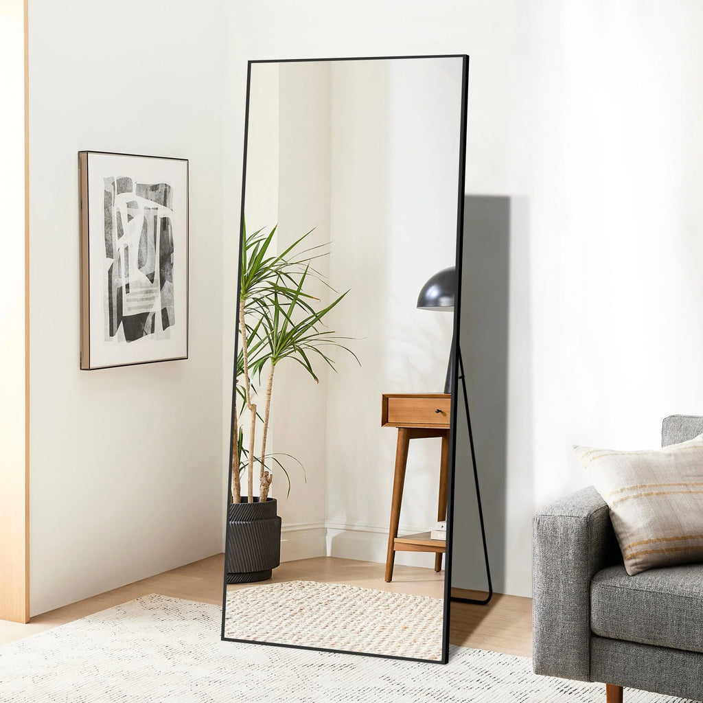 Full-Length Floor Mirror 64x21, Aluminum Alloy Frame With Stand And Wall Mount Option