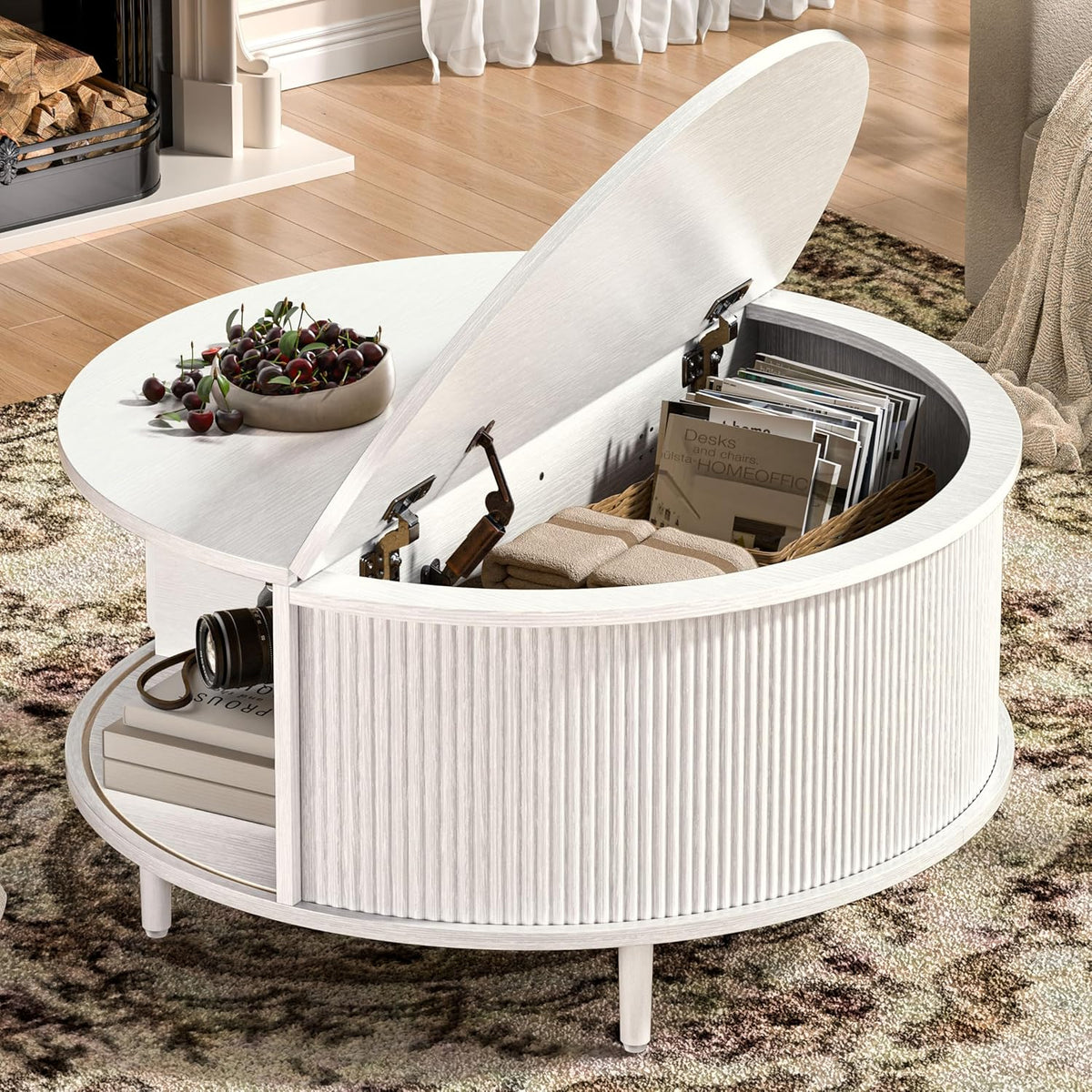 Round Lift-Top Coffee Table With Storage, 31.5 inch, Sliding Door And Adjustable Footpads