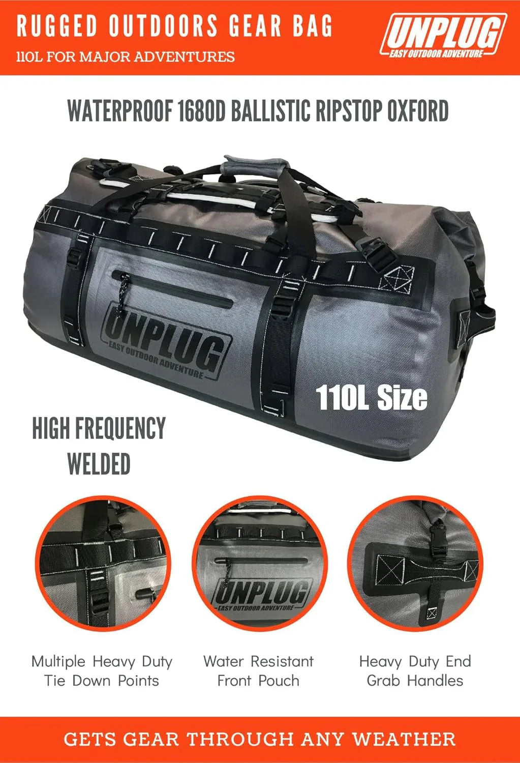 UNPLUG Waterproof Duffel Backpack, 65L, Adventure Orange - 100000