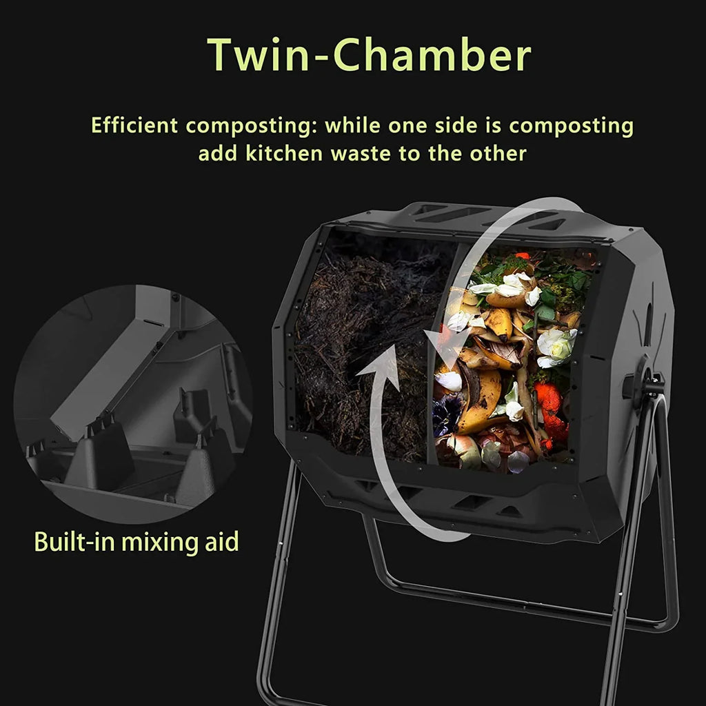 Dual Compartment Compost Tumbler Bin 43 Gallon Blue Door