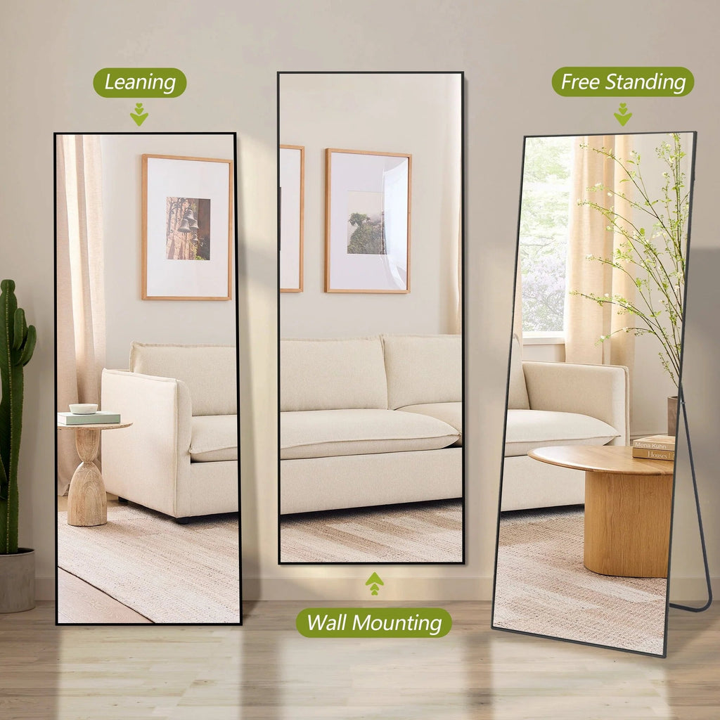 Full-Length Floor Mirror 64x21, Aluminum Alloy Frame With Stand And Wall Mount Option
