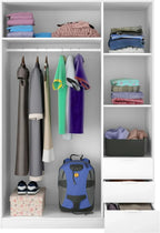 Habitdesign Three-Door Three-Drawer Wardrobe Closet, Artic White, 121 cm W x 180 cm H x 52 cm D