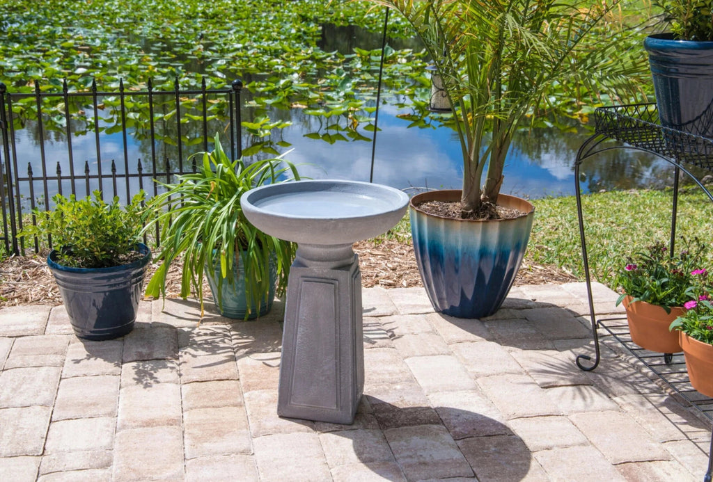 Pedestal Outdoor Concrete Bird Bath, Gray Finish, 16 Inch Diameter
