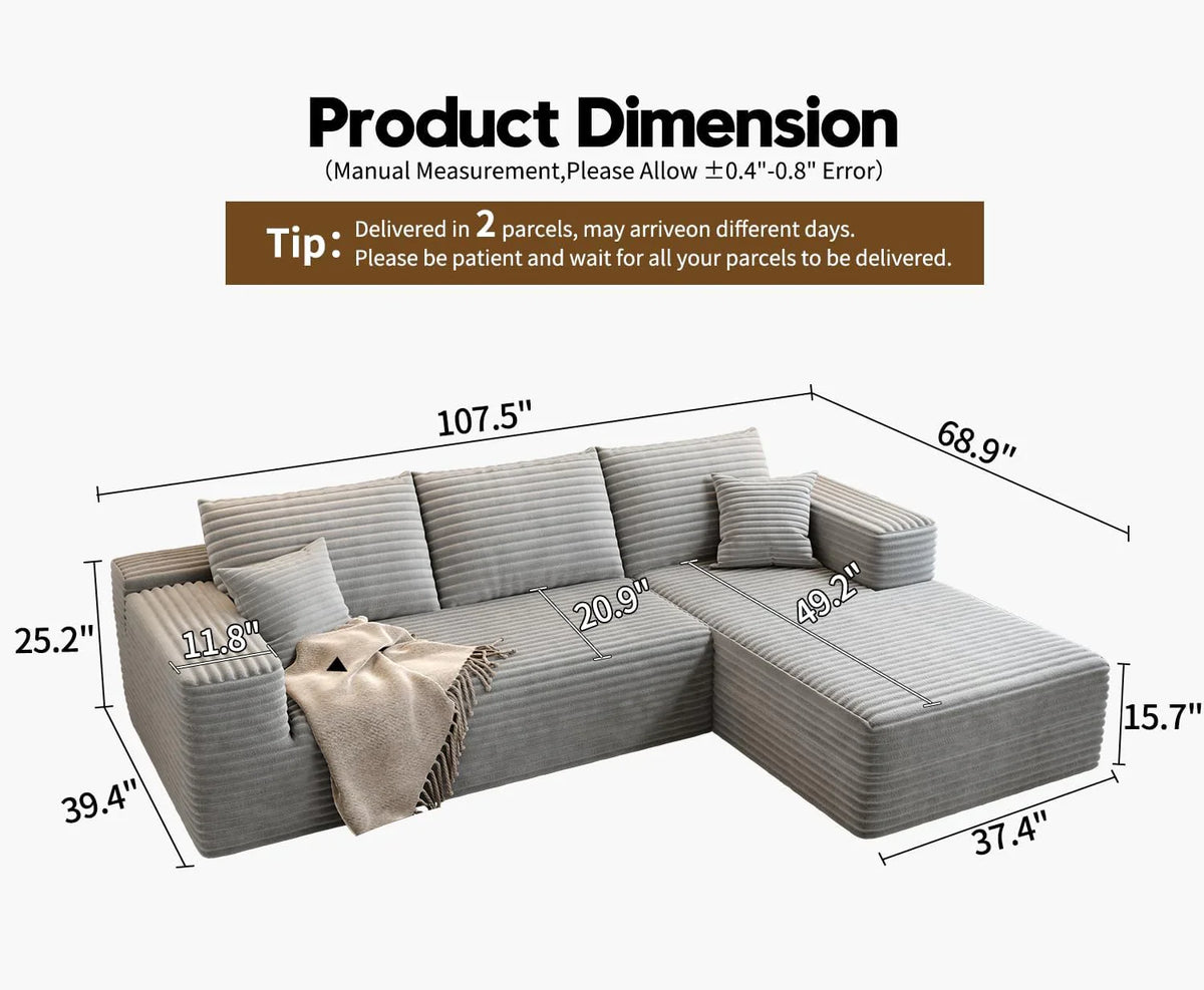 Settab Modular Sectional Sofa, 2 Seater Left-Facing Chaise, Black, 68.9 inch D x 107.5 inch W x 36.3 inch H