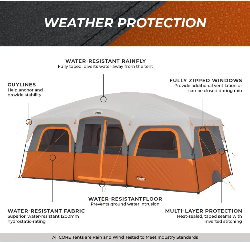 CORE 12 Person Straight Wall Cabin Tent, 16 x 11 Feet, Orange - SUVELAM
