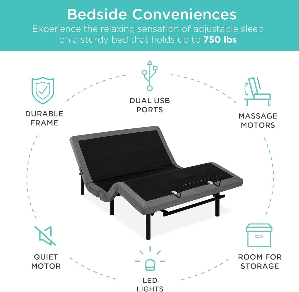 Twin XL Electric Adjustable Bed Base With Wireless Remote, Massage, Night Light, 2 USB Ports, 750 lb - 80 in x 38 in x 14 in