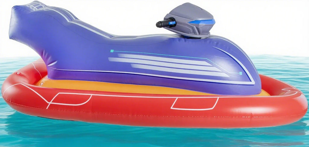 Motorized Inflatable Ride-On Watercraft Pool Float, 12V, 54in L x 32in W, Red & Blue - Jet Runner