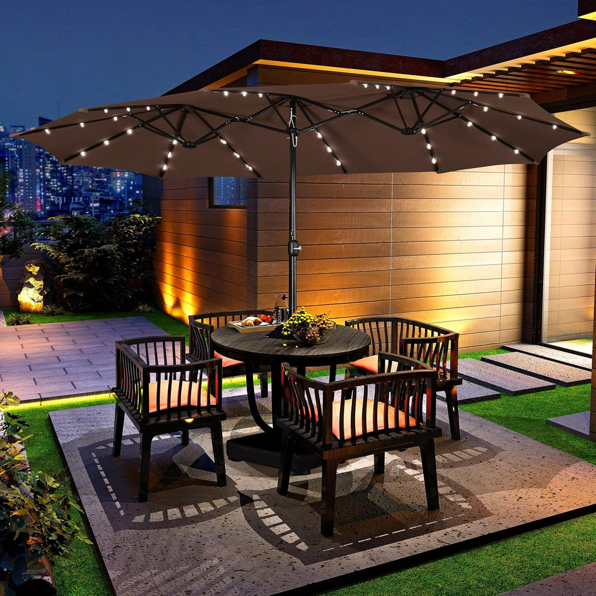 15 ft Double-Sided Rectangular Patio Umbrella With 36 LED Lights And Base - Brown