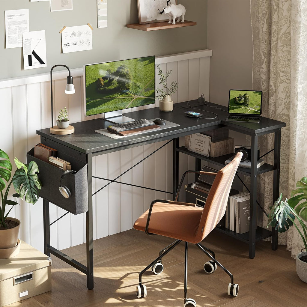 40 Inch L-Shaped Computer Desk With Power Station And Storage Shelves
