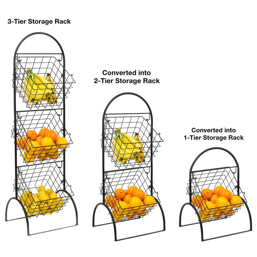 3-Tier Wall-Mounted Steel Storage Rack With Removable Baskets - Black