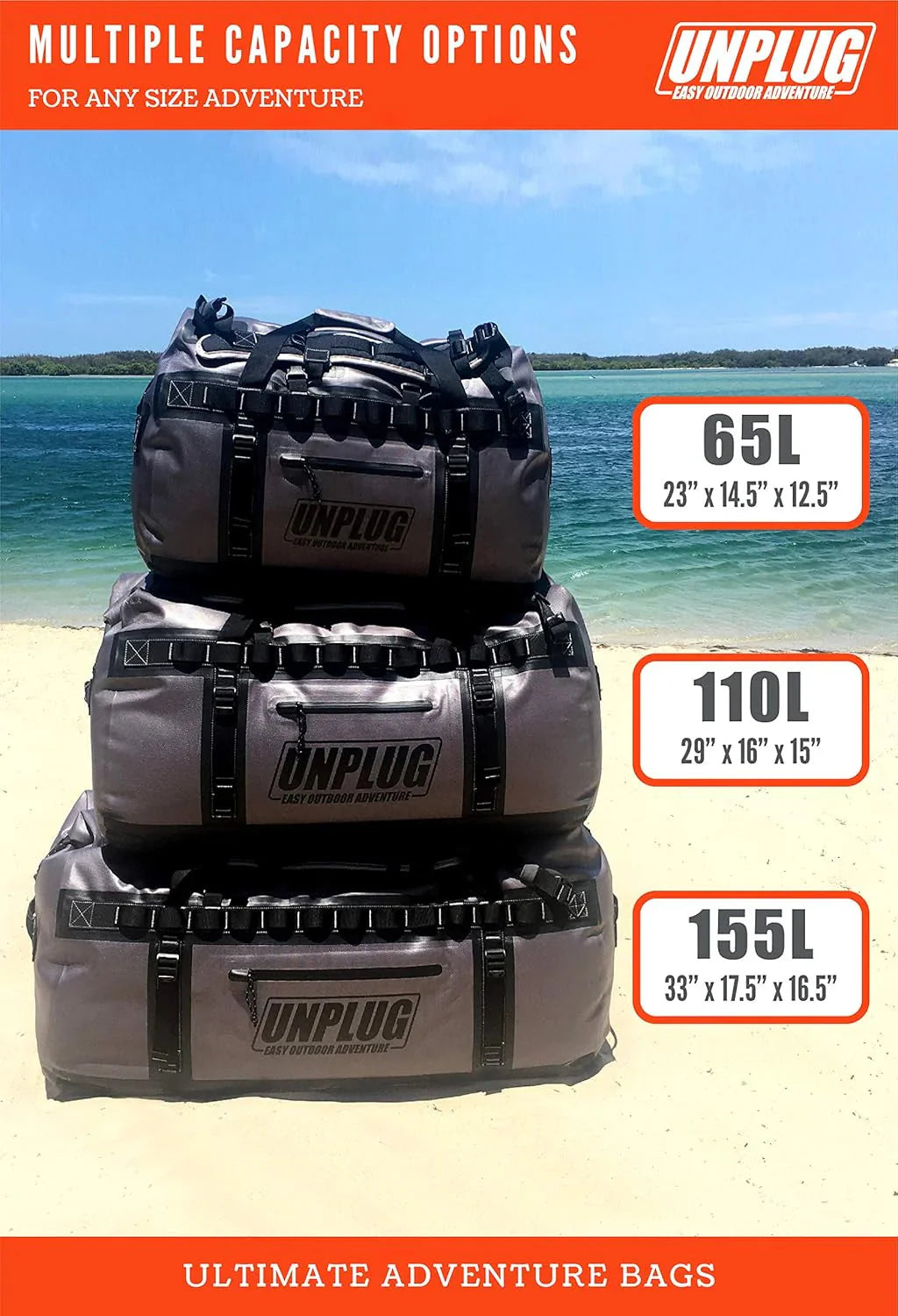 UNPLUG Waterproof Duffel Backpack, 65L, Adventure Orange - 100000